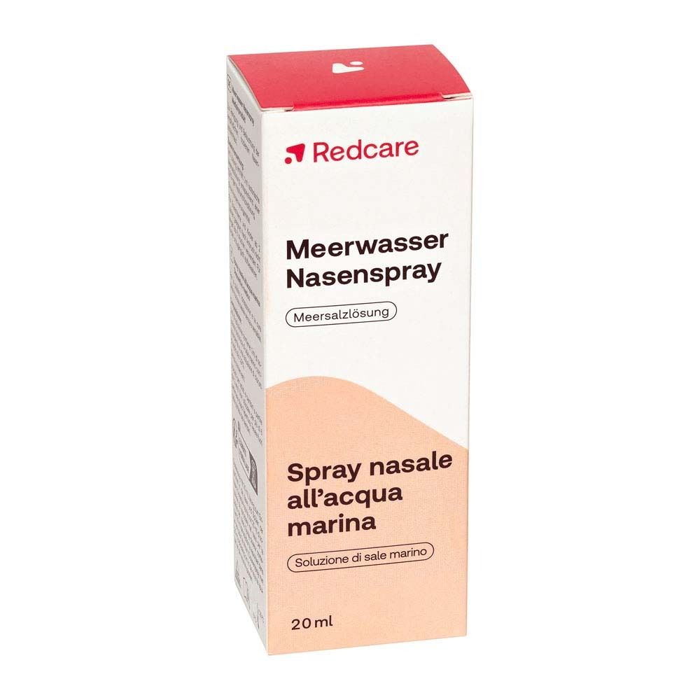 Confezione di Redcare Meerwasser Nasenspray. Scatola con nome del prodotto e informazioni.