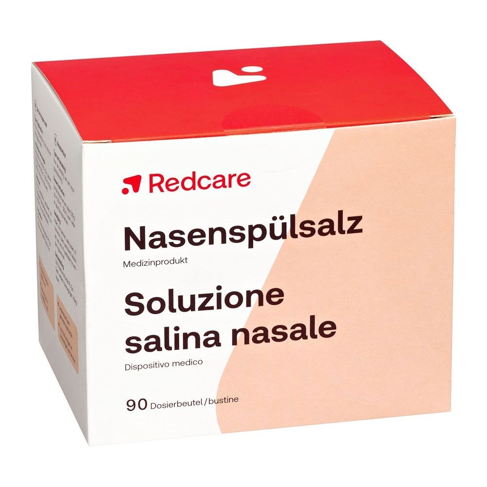 Redcare Nasenspülsalz: Dispositivo medico, confezione da 90 bustine, vista angolata.