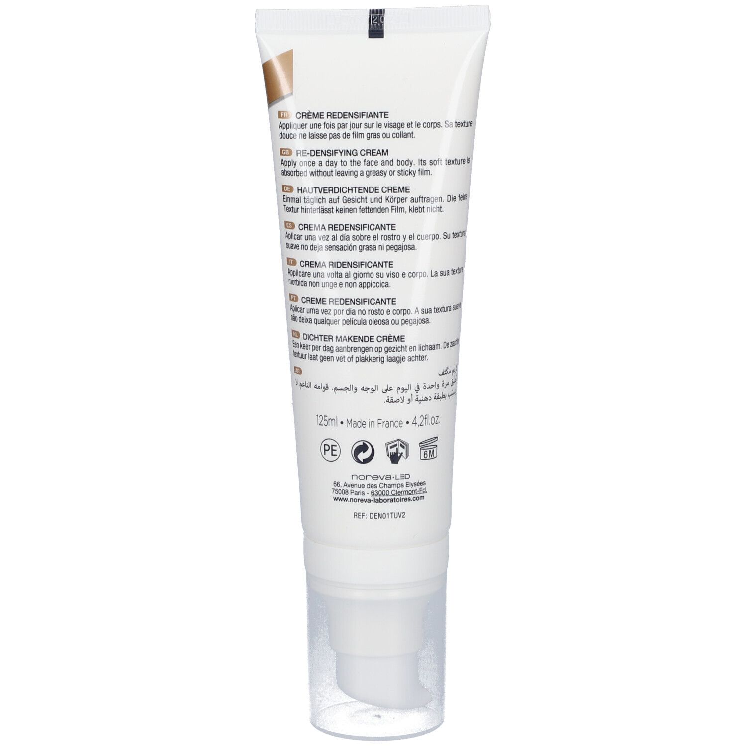 Retro del tubo di crema. Testo multilingue con istruzioni e ingredienti. Sfondo bianco.