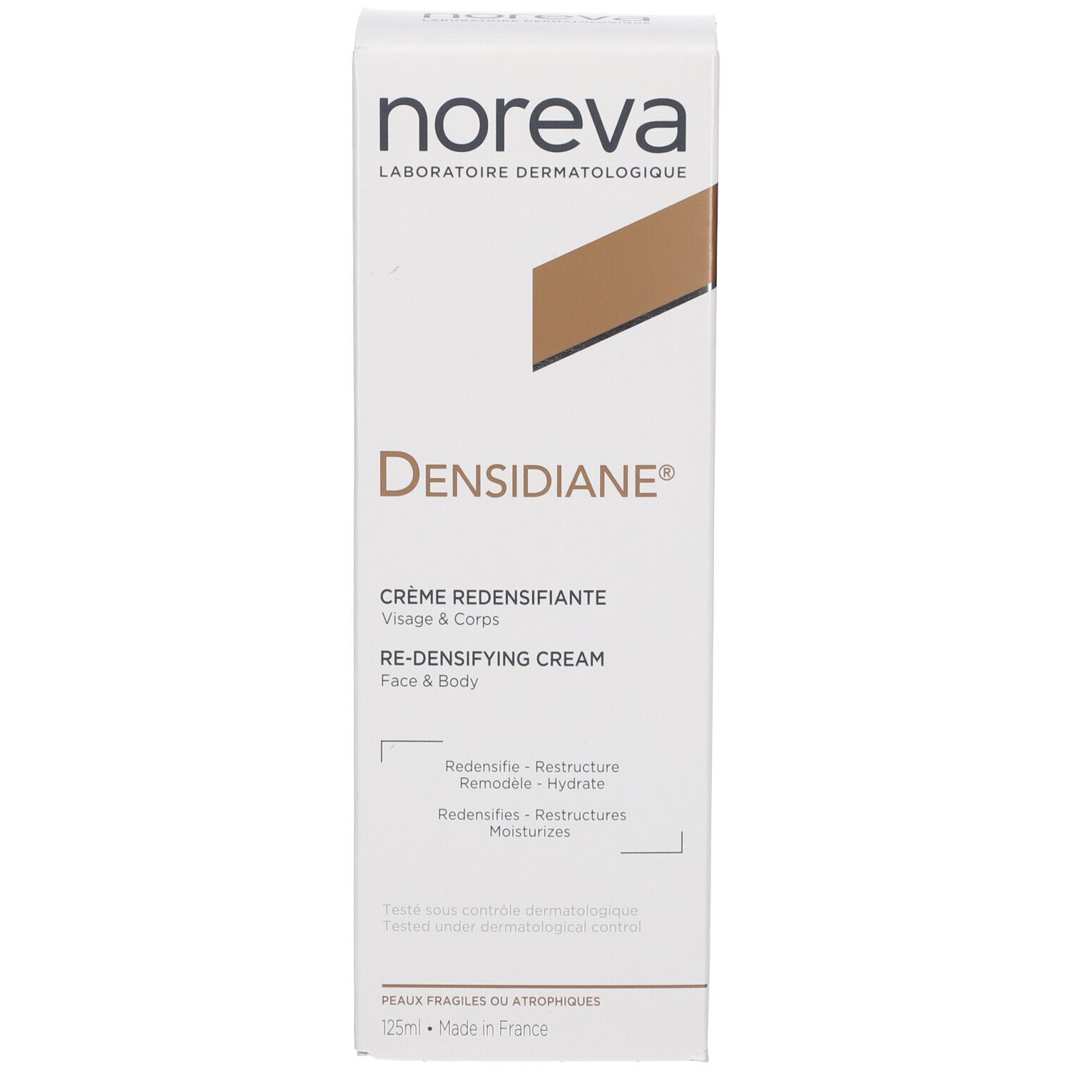 Confezione del prodotto. Scatola bianca con nome e marchio. Scritta: Crème Redensifiante Visage & Corps.