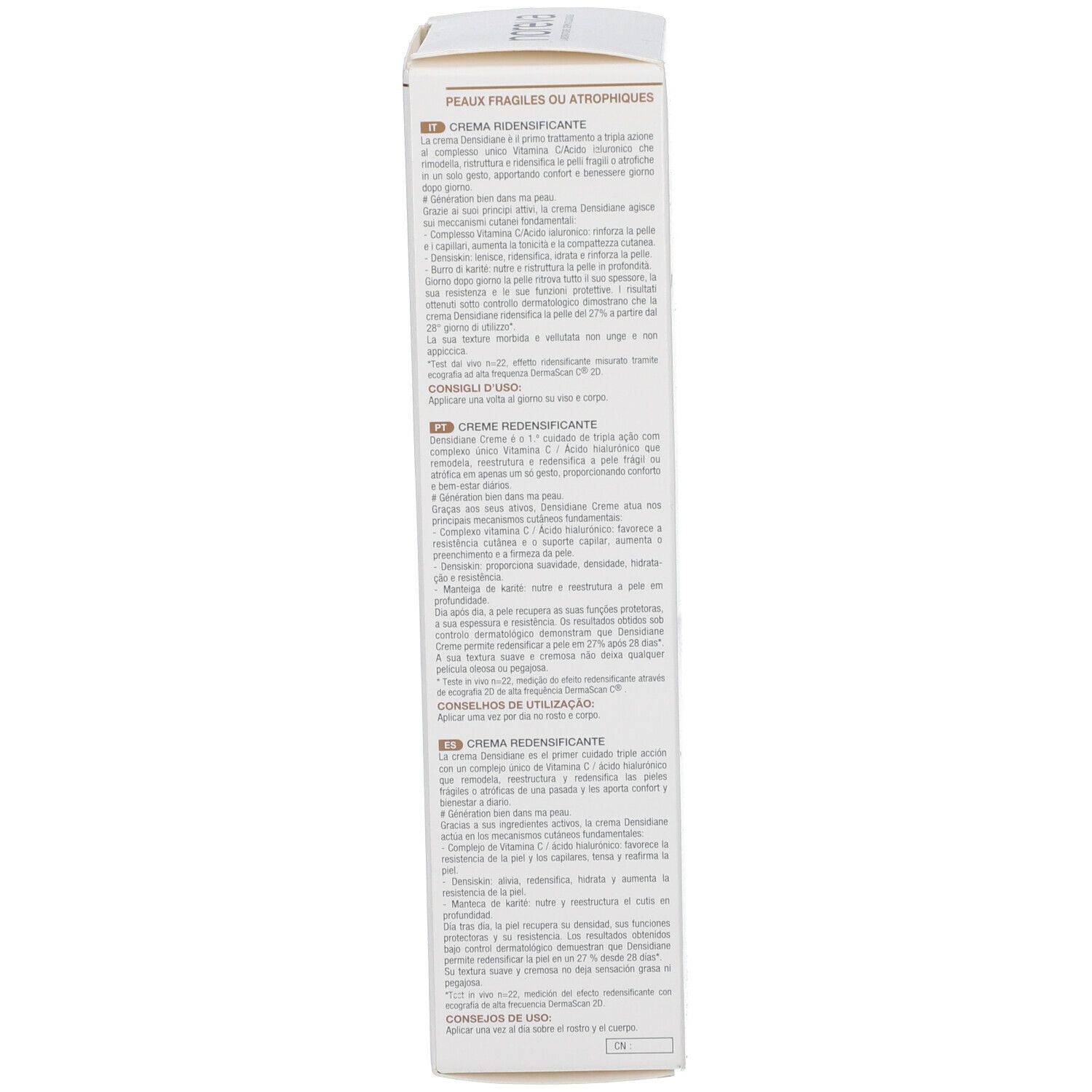 Retro della confezione del prodotto. Testo multilingue con informazioni sul prodotto. Scatola bianca.