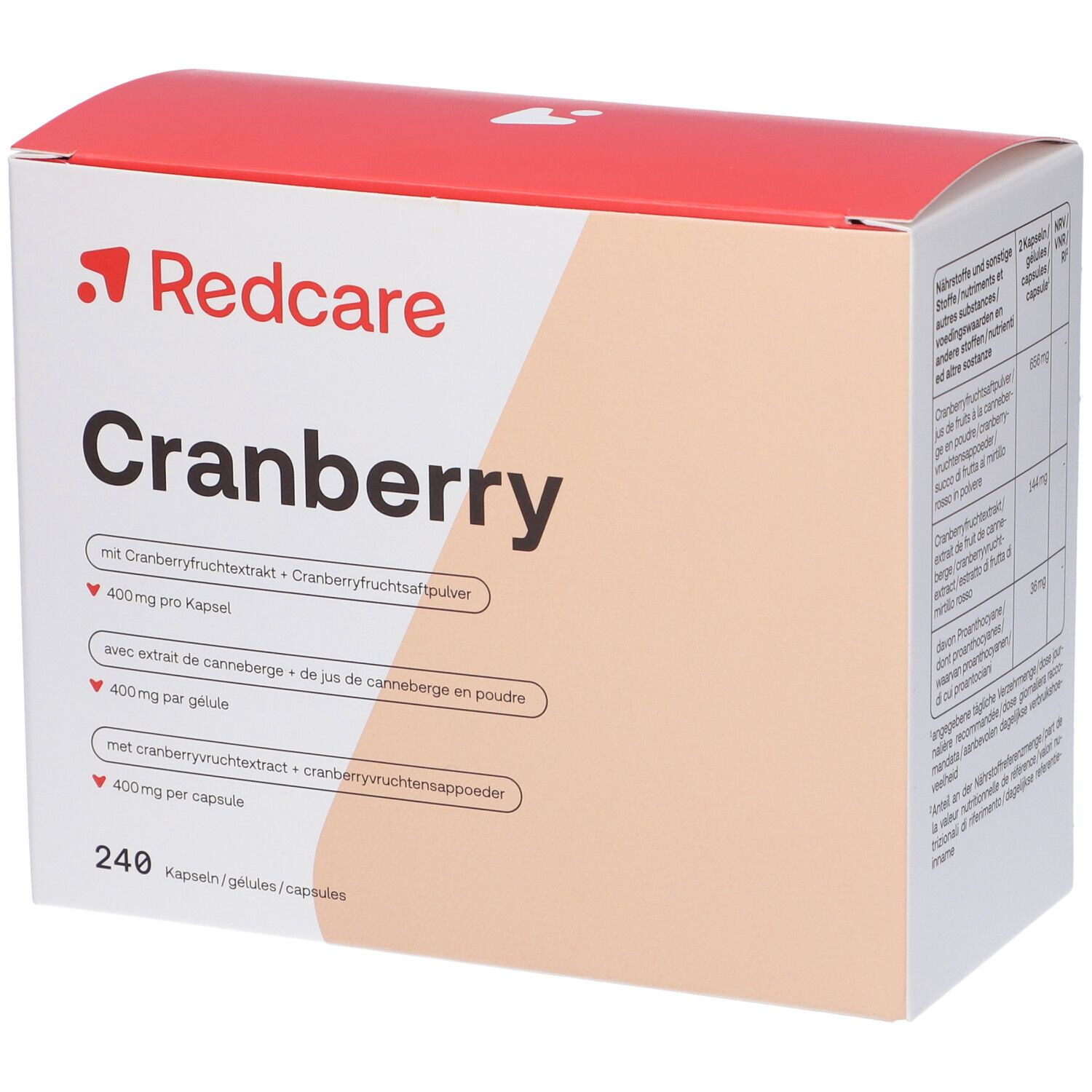 Scatola di capsule Redcare Cranberry. Scritta: Cranberry, 240 capsule. Contiene estratto di mirtillo rosso.