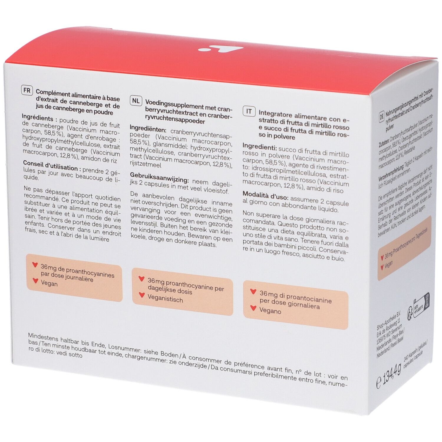Retro della confezione di capsule Redcare Cranberry con informazioni in diverse lingue.