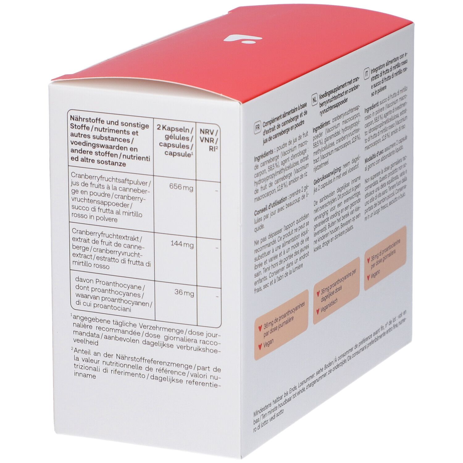 Retro della confezione di capsule Redcare Cranberry con informazioni nutrizionali e ingredienti.