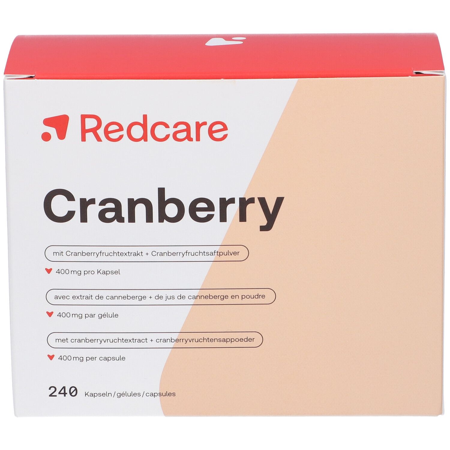 Scatola di capsule Redcare Cranberry. Scritta: Cranberry, 240 capsule. Contiene estratto di mirtillo rosso.
