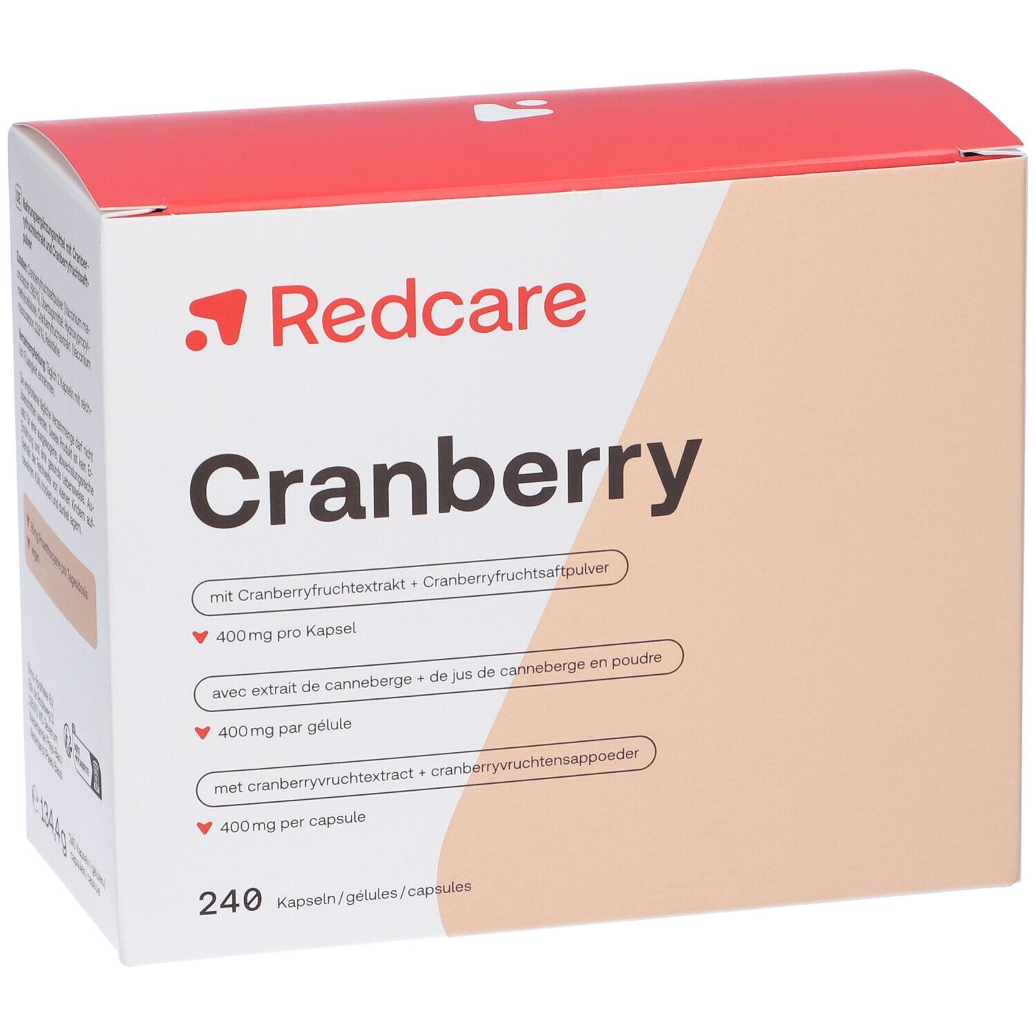 Scatola di capsule Redcare Cranberry. Scritta: Cranberry, 240 capsule. Contiene estratto di mirtillo rosso.