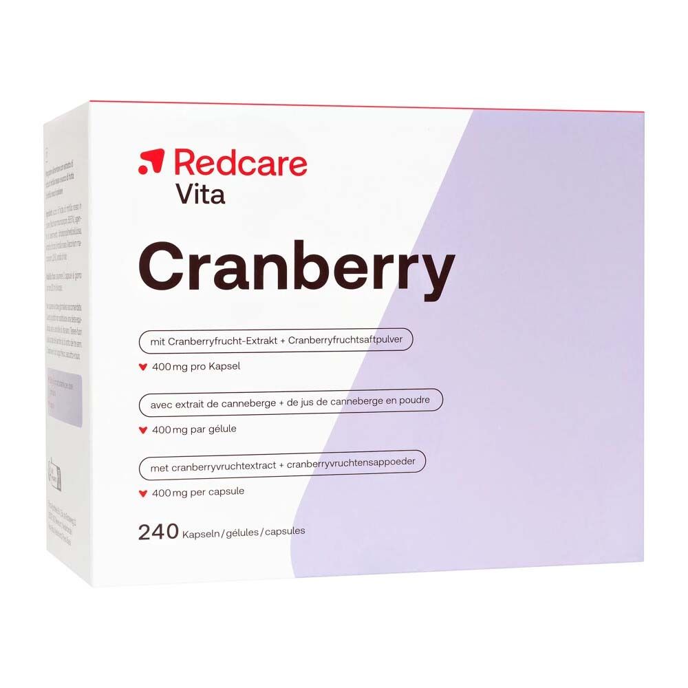 Confezione Redcare Vita Cranberry. Rettangolo bianco e viola. Testo: Cranberry, 240 capsule.