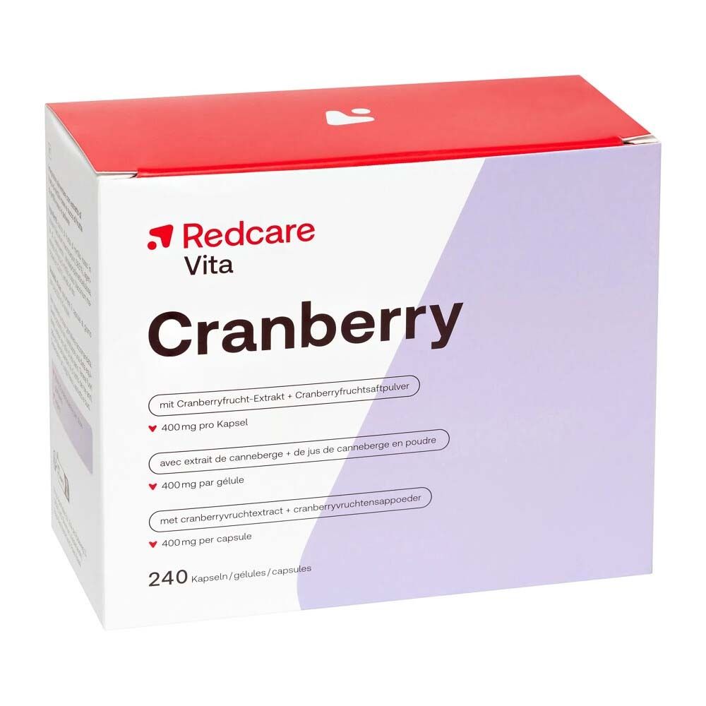 Confezione Redcare Vita Cranberry. Rettangolo bianco con coperchio rosso. Testo: Cranberry, 240 capsule.