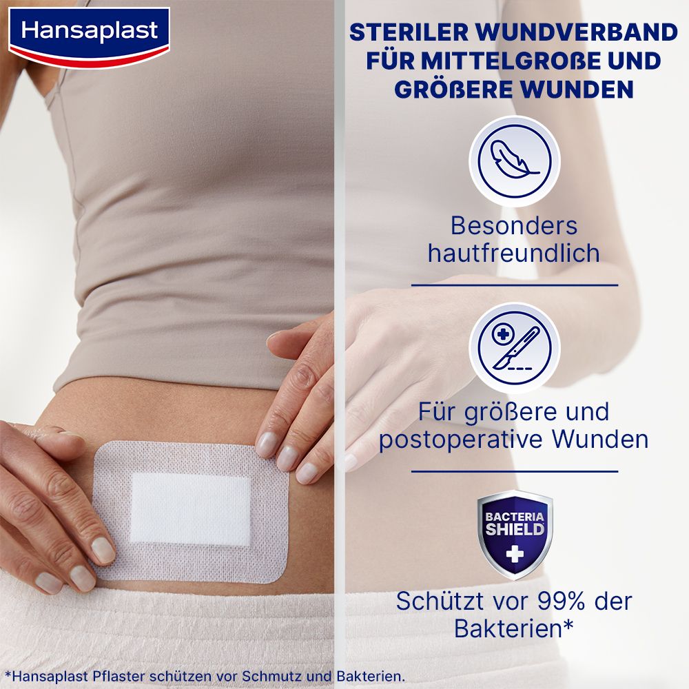 Applicazione cerotto Hansaplast Sensitive XXL su ferita addominale. Ipoallergenico, protegge dal 99% dei batteri.