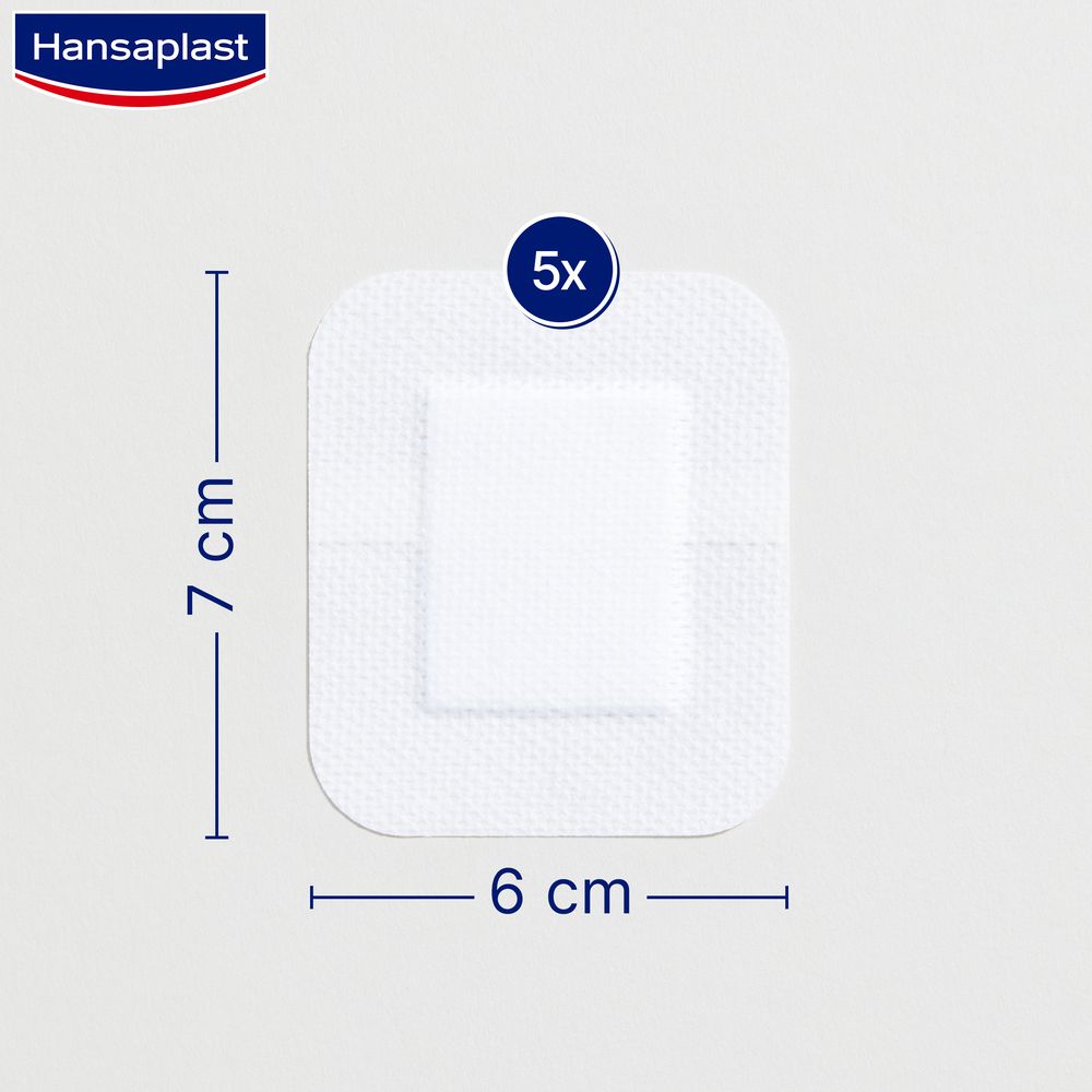 Cerotto Hansaplast Sensitive XL, 6x7cm, 5 pezzi, medicazione sterile, non aderente, delicato sulla pelle.