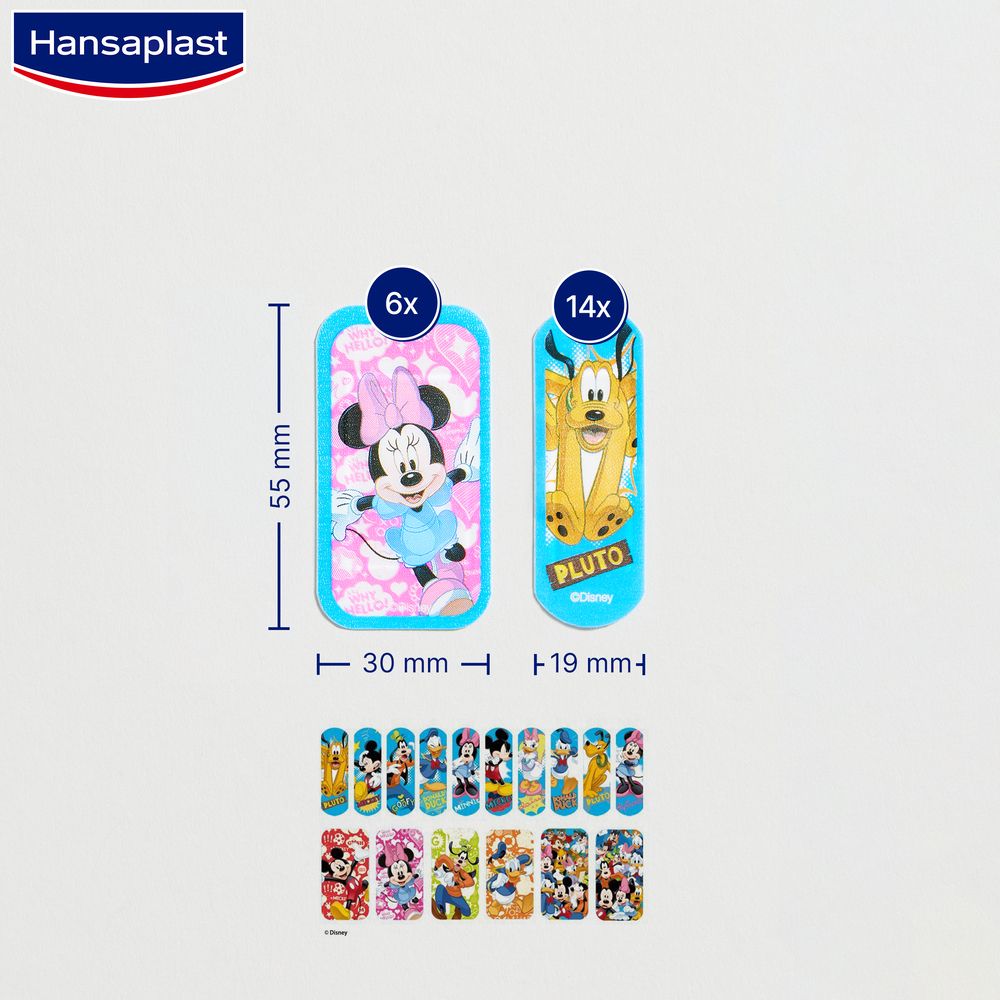 Due dimensioni di cerotti Hansaplast: 6x Minnie Mouse (55x30mm) e 14x Pluto (55x19mm). Mostra diversi motivi.