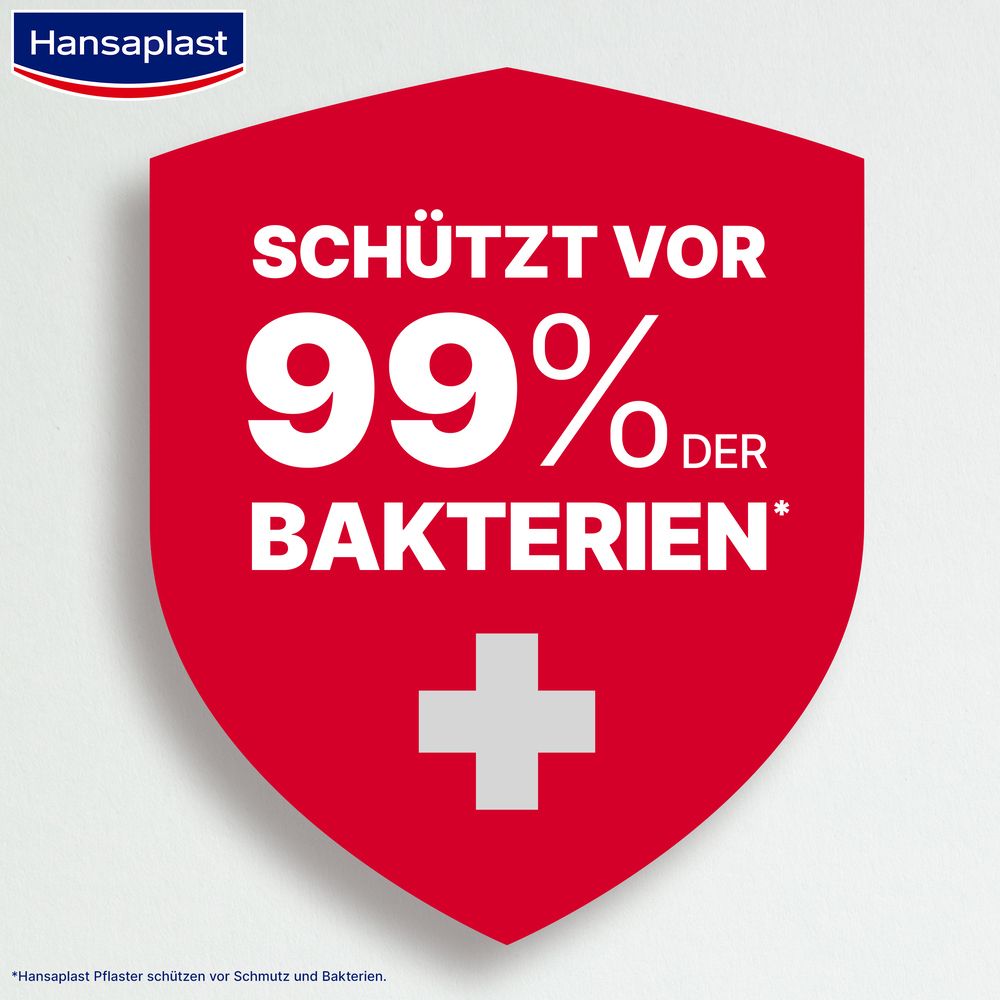 I cerotti Hansaplast Bacteria Shield proteggono dal 99% dei batteri. Simbolo di scudo rosso.