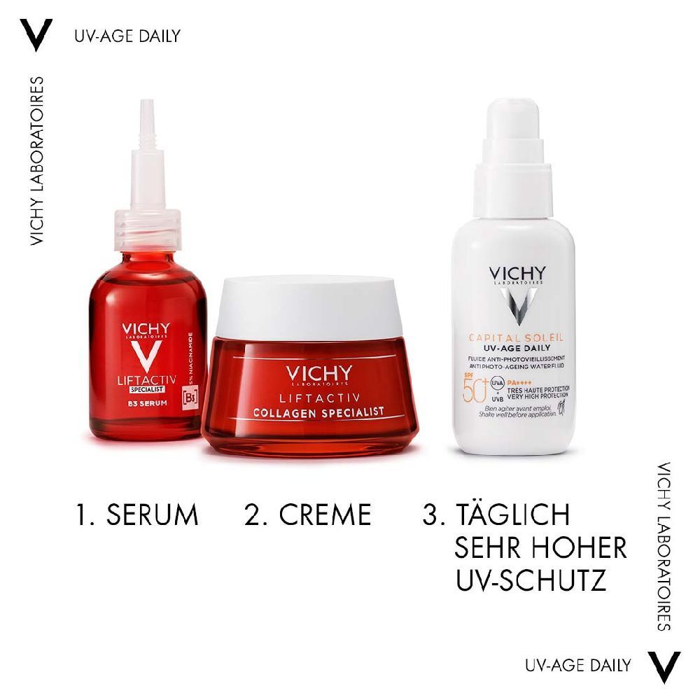 Tre prodotti: siero, crema e crema solare. Testo: 1. Siero, 2. Crema, 3. Protezione UV quotidiana.