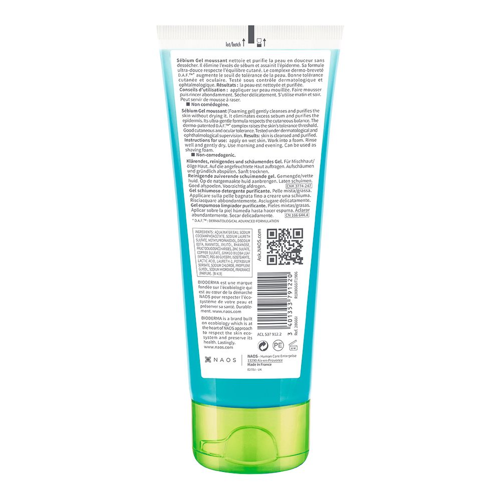 Tubo turchese con tappo a scatto verde, contiene gel detergente. Testo in tedesco e francese.
