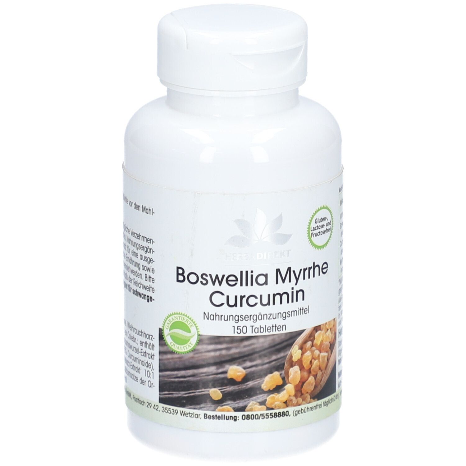 Flacone bianco con "Boswellia Myrrhe Curcumin" e 150 compresse. Senza glutine e lattosio.