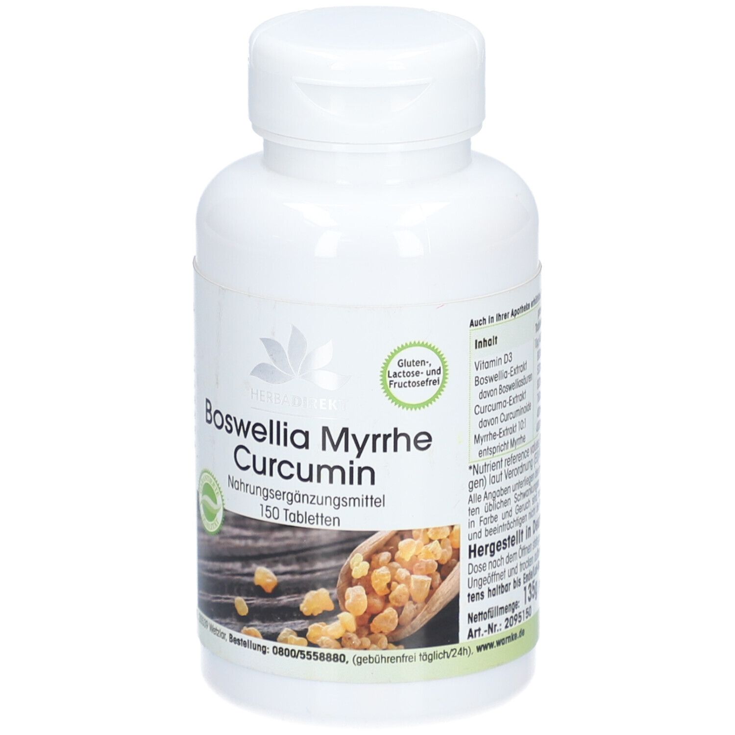 Flacone bianco con "Boswellia Myrrhe Curcumin" e 150 compresse. Senza glutine e lattosio.