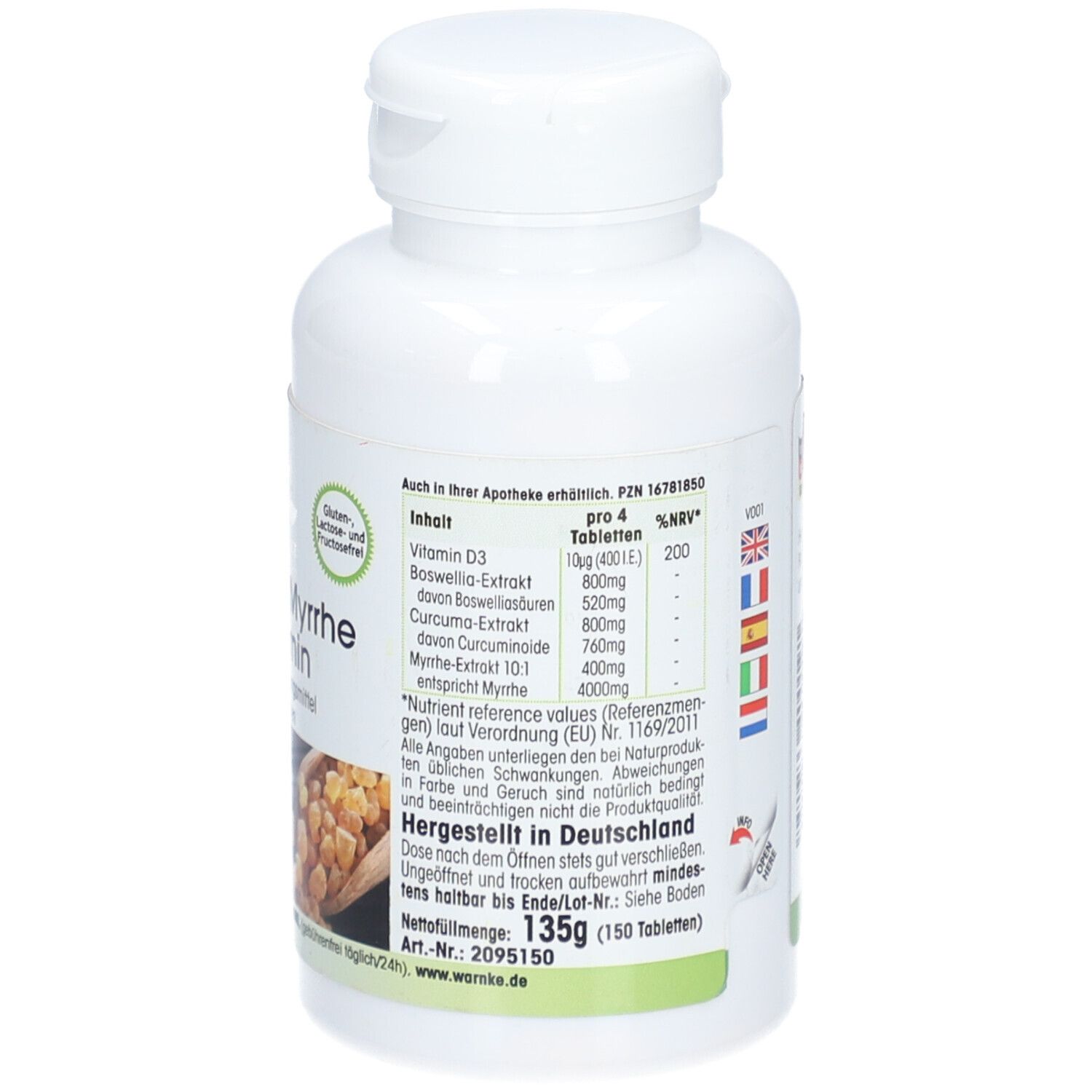 Retro del flacone bianco con informazioni nutrizionali. Senza glutine e lattosio. 135g (150 compresse).