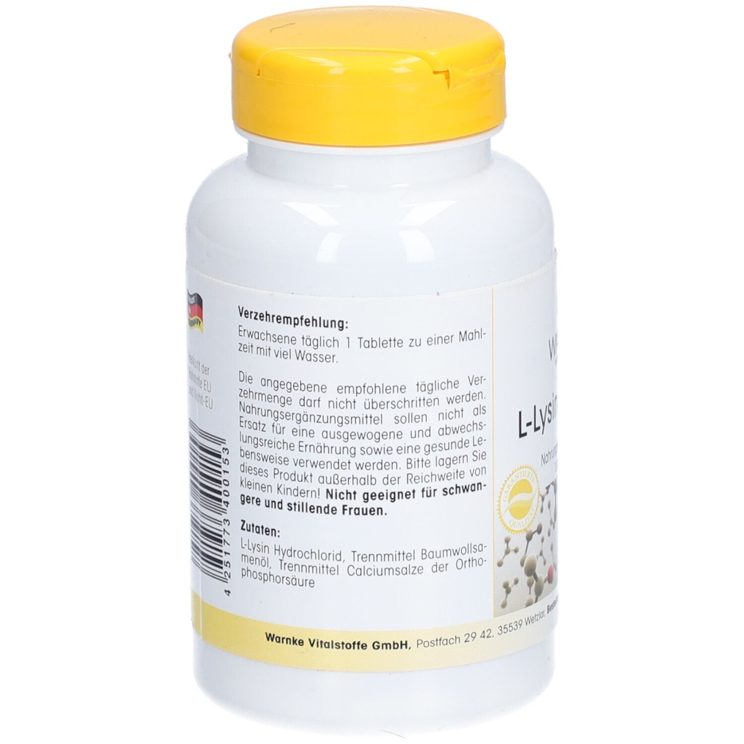 Retro del flacone bianco con tappo giallo. Testo: Raccomandazioni, ingredienti. Prodotto in Germania. Warnke Vitalstoffe GmbH.