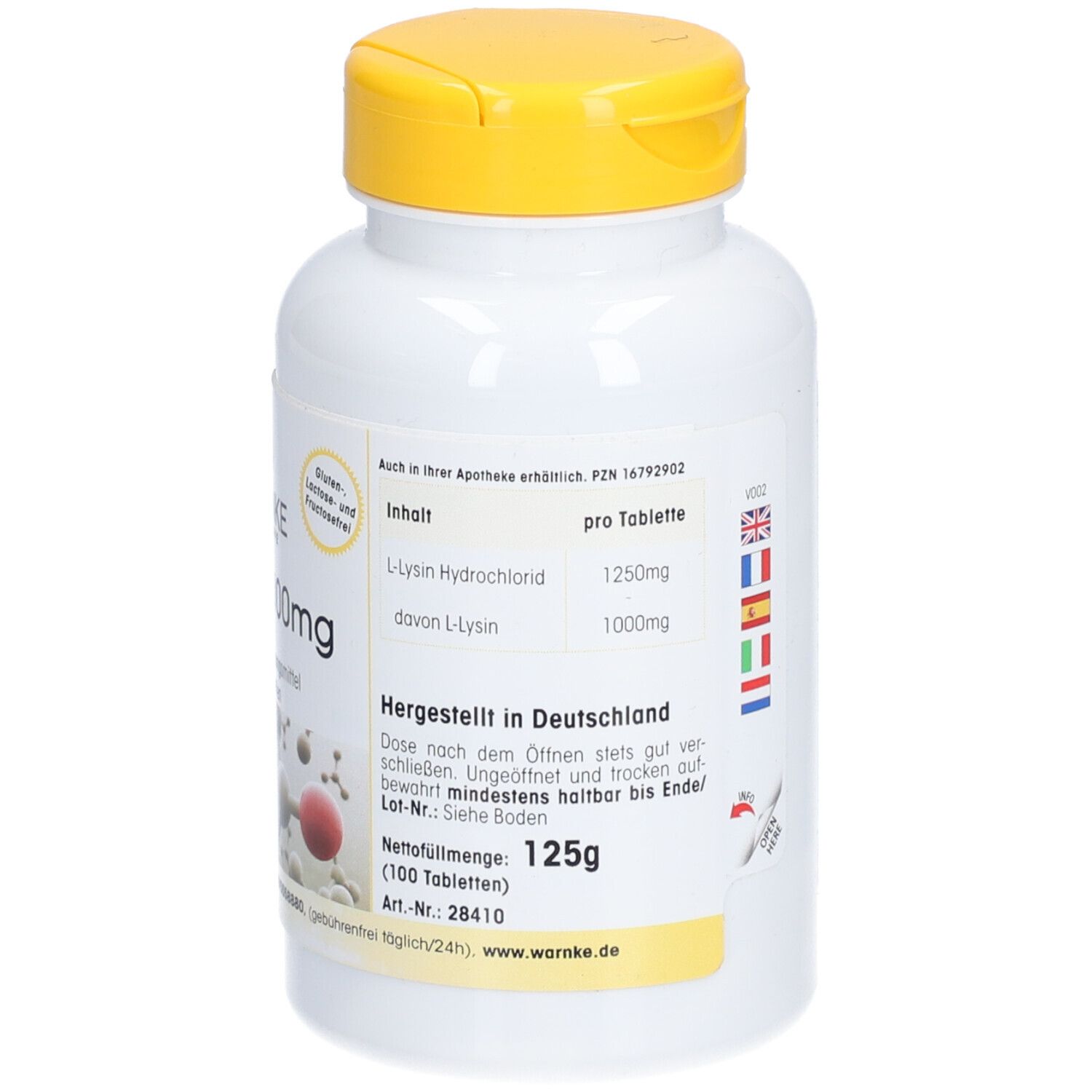 Flacone bianco con tappo giallo. Scritta: L-Lisina 1000mg, 100 compresse. Marchio: Warnke Vitalstoffe. Senza glutine e lattosio.