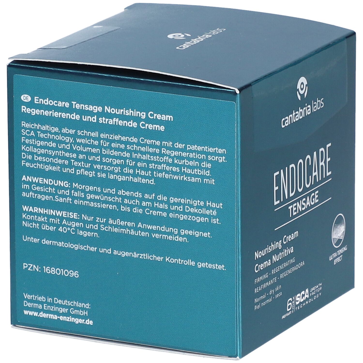 Retro della scatola blu-verde. Testo: Endocare Tensage Nourishing Cream. PZN: 16801096. Prodotto in Spagna.