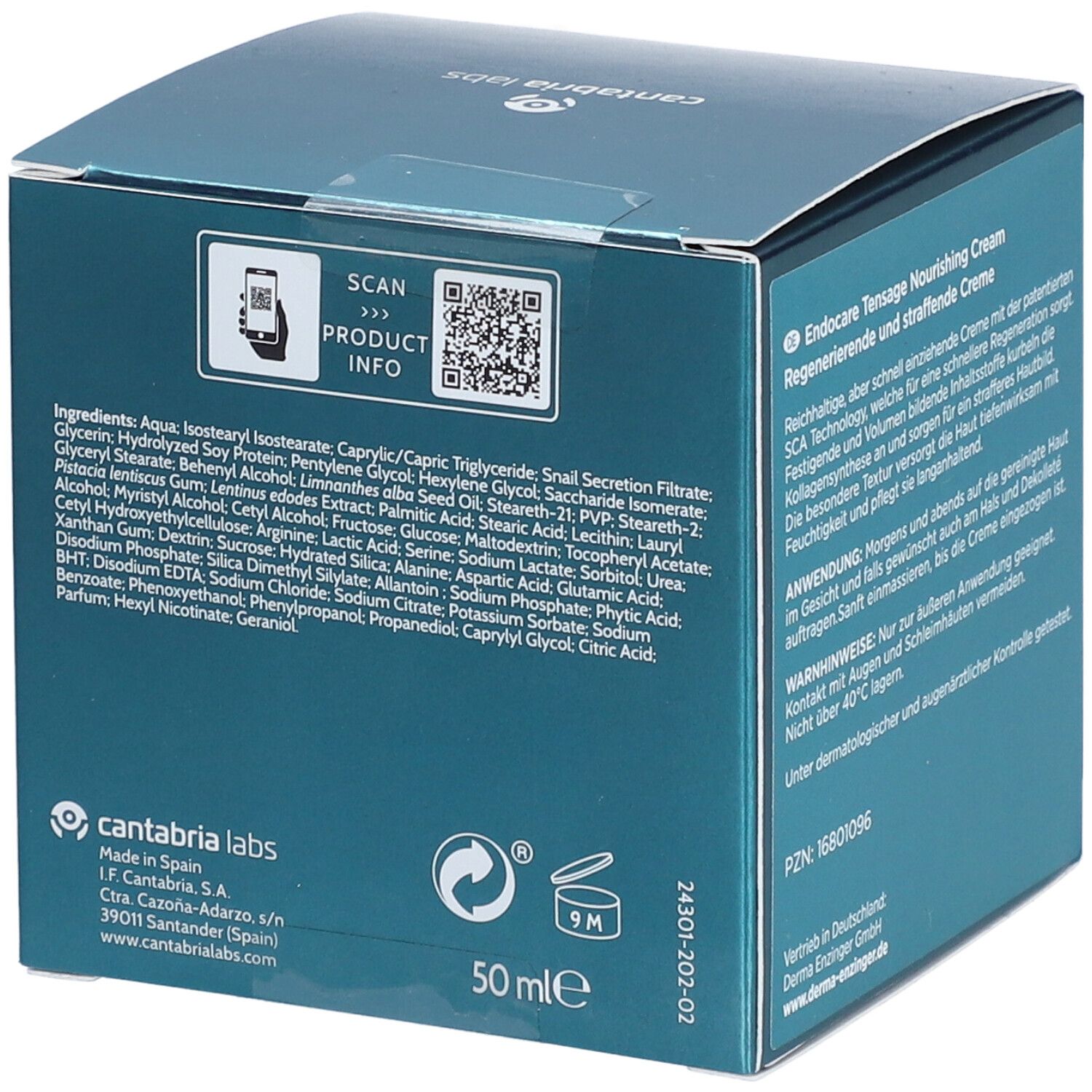 Retro della scatola blu-verde. Testo: Ingredienti, 50 ml. Codice QR. Prodotto in Spagna.