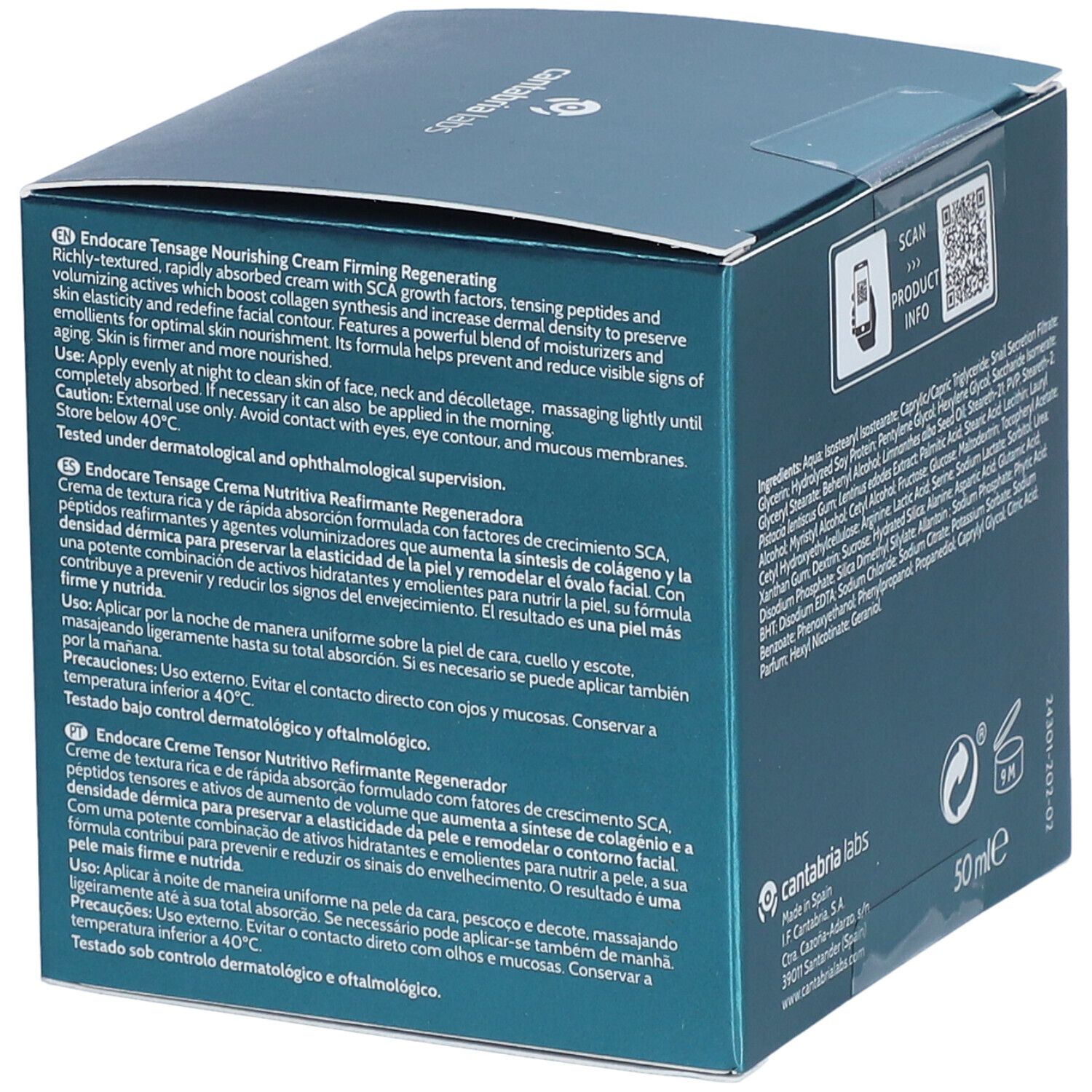 Retro della scatola blu-verde. Testo: Istruzioni per l'uso. 50 ml. Codice QR. Prodotto in Spagna.