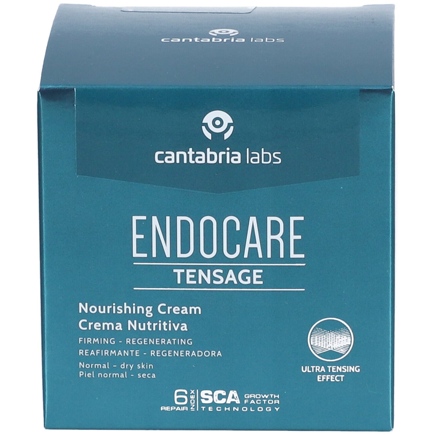 Fronte della scatola blu-verde. Testo: Endocare Tensage Nourishing Cream. SCA 6. Per pelli da normali a secche.