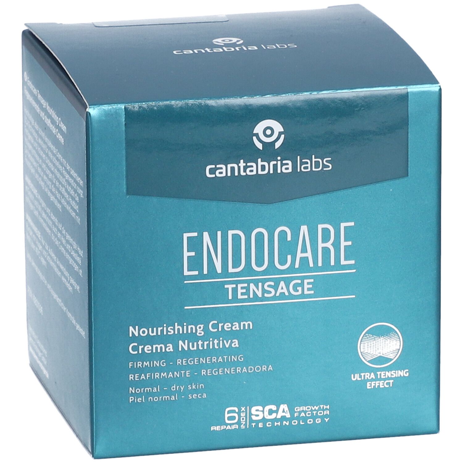 Vista frontale della scatola blu-verde. Testo: Endocare Tensage Nourishing Cream. SCA 6. Per pelli da normali a secche.