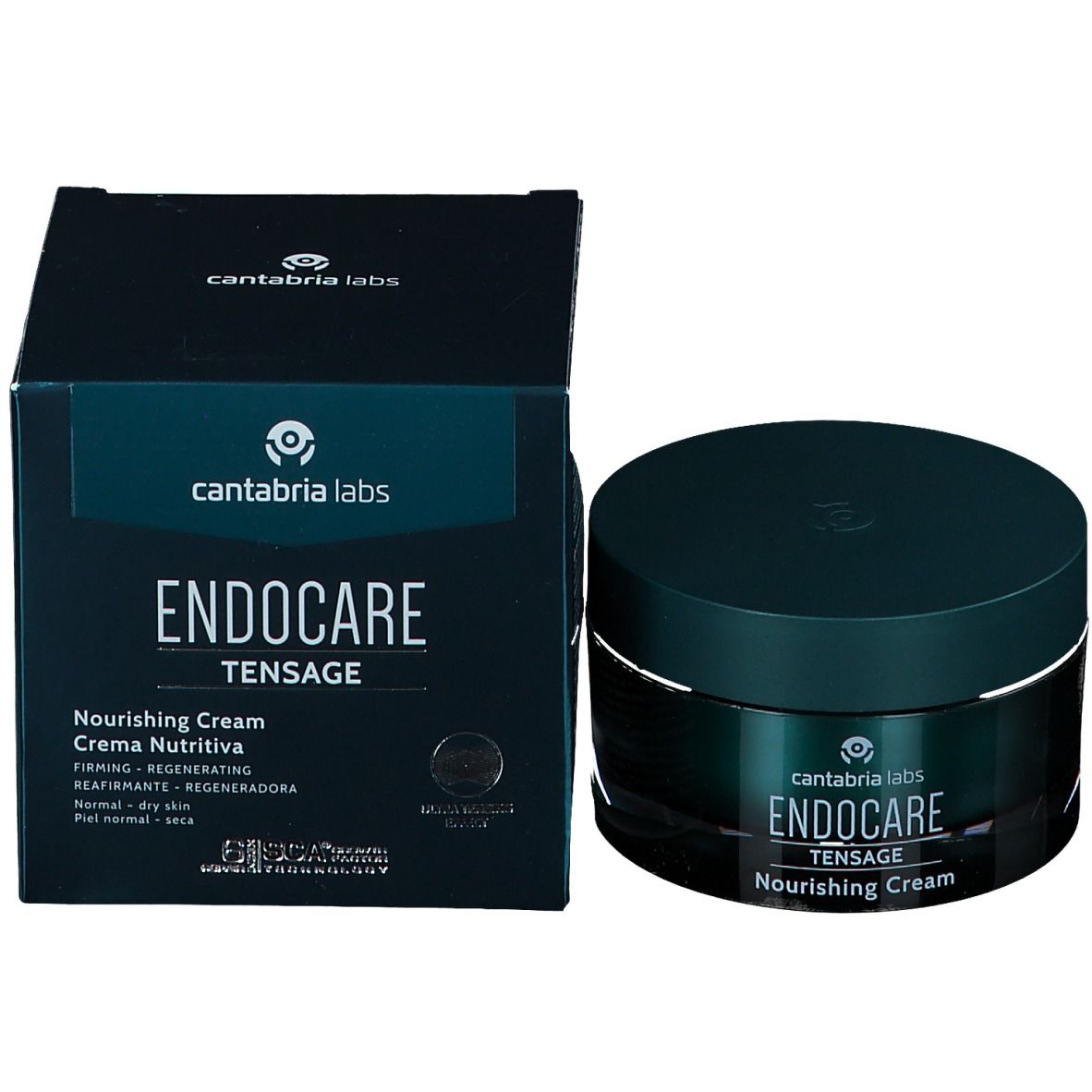 Scatola e vasetto. Testo: Endocare Tensage Nourishing Cream. Per pelli da normali a secche. Verde scuro.