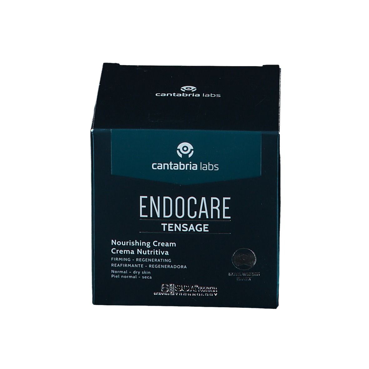 Scatola verde scuro. Testo: Endocare Tensage Nourishing Cream. Per pelli da normali a secche.