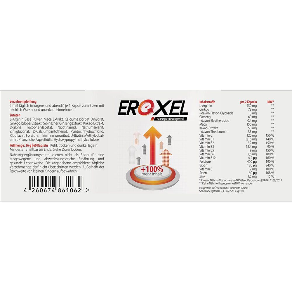 Flacone bianco, testo: EROXEL, grafica freccia, +100%. Elenco ingredienti e raccomandazioni.