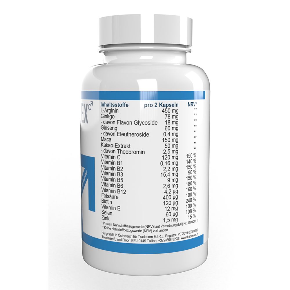 Retro del flacone bianco. Elenco degli ingredienti per 2 capsule. Informazioni nutrizionali (NRV).