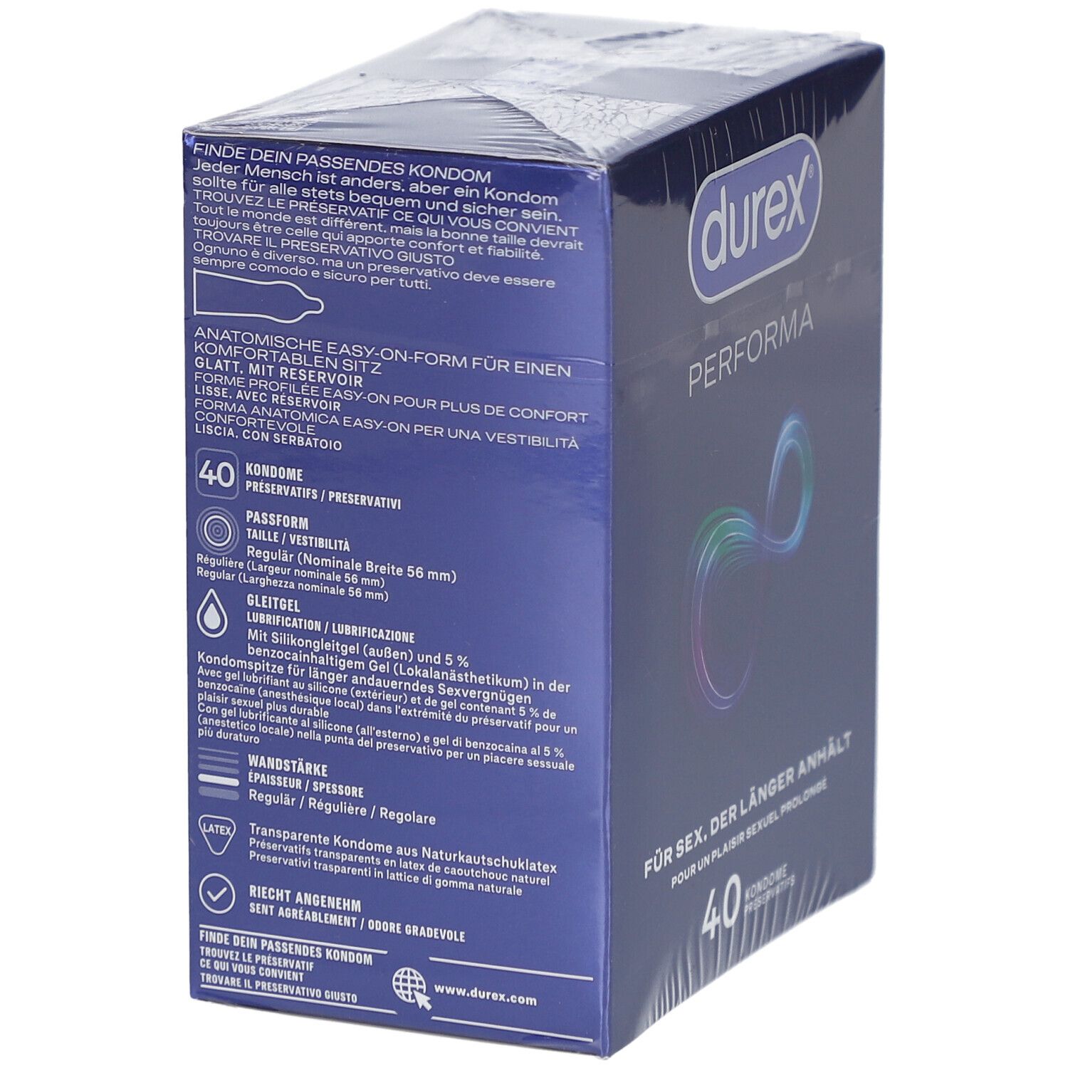 Confezione di preservativi Durex Performa, 40 pezzi. Vista laterale con informazioni sul prodotto.