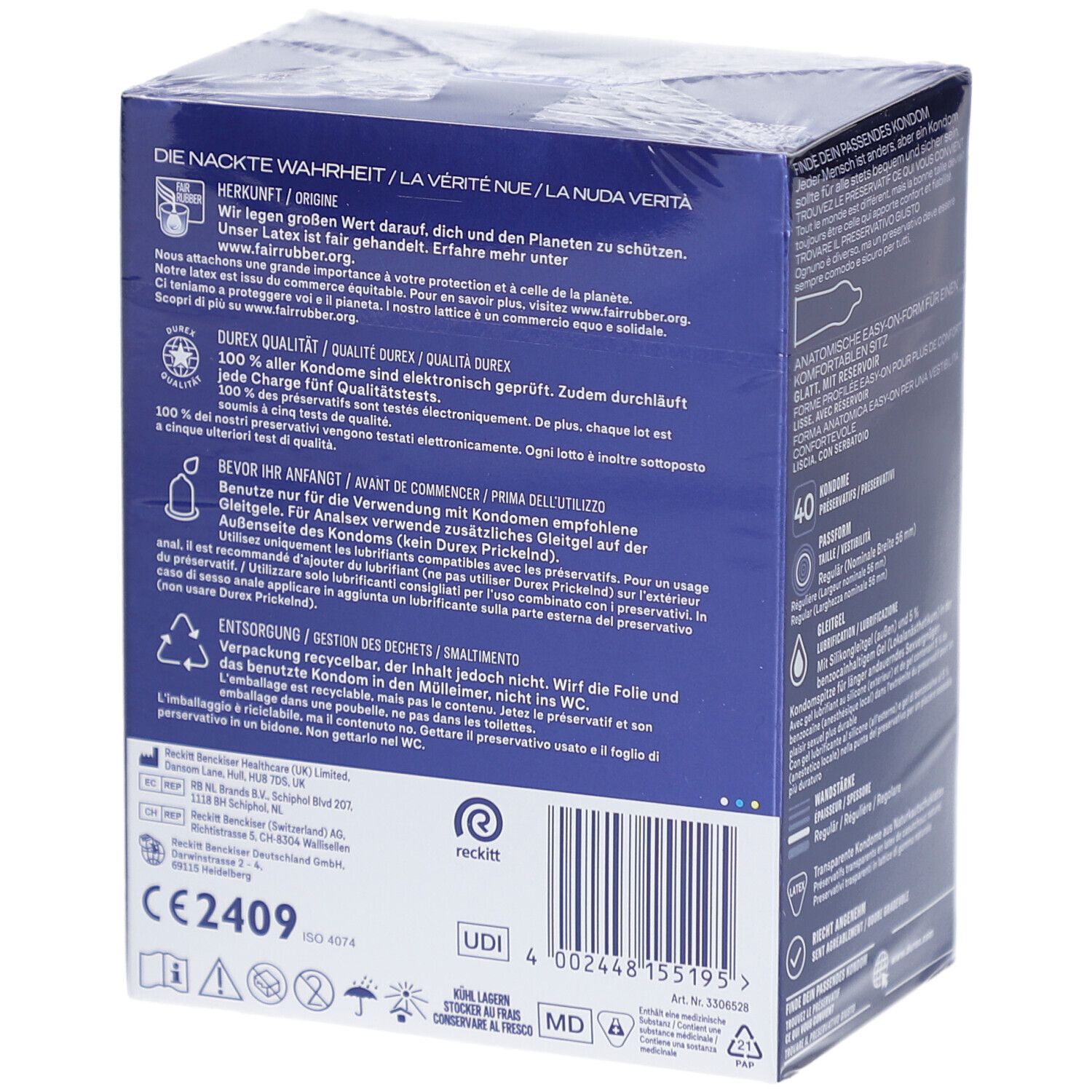 Retro di una confezione di preservativi Durex Performa con marchio CE e codice a barre.