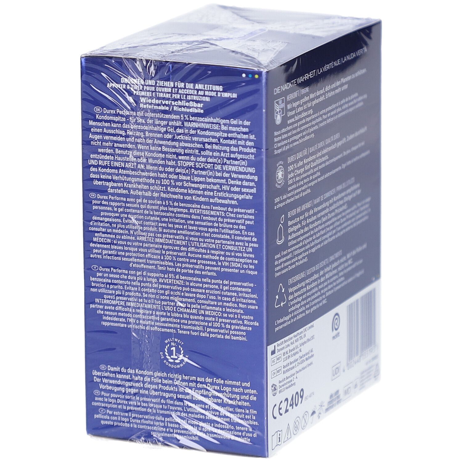 Vista laterale di una confezione di preservativi Durex Performa con istruzioni d'uso dettagliate.