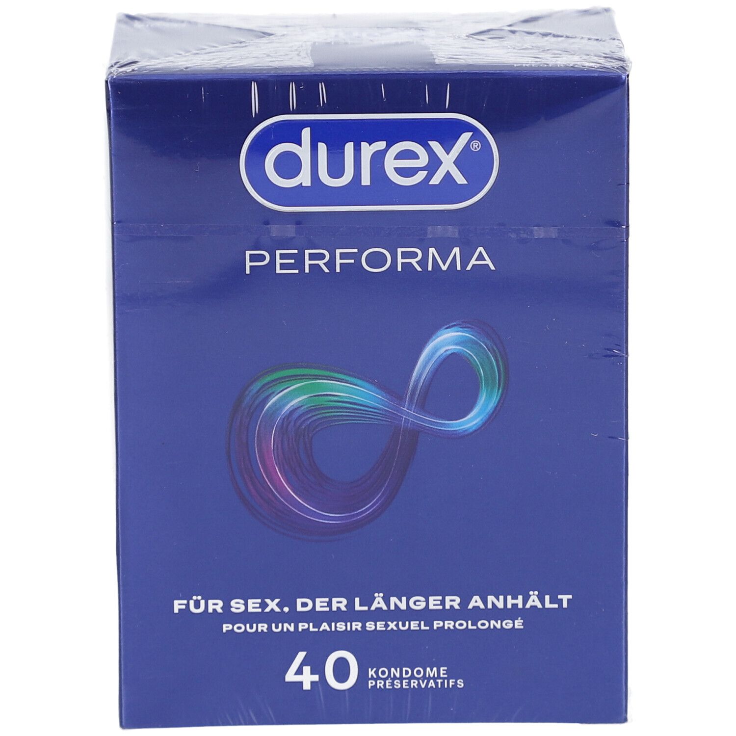 Confezione di preservativi Durex Performa, 40 pezzi. Fronte con logo e nome del prodotto.