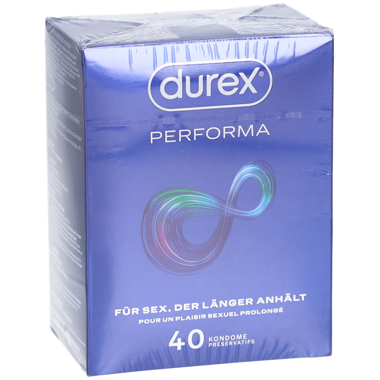 Confezione di preservativi Durex Performa, 40 pezzi. Vista frontale con simbolo dell'infinito stilizzato.