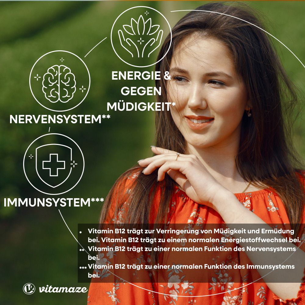 Giovane donna in abito rosso. Grafici: cervello, sistema nervoso; mani, energia; croce, sistema immunitario. Testo sulla vitamina B12.