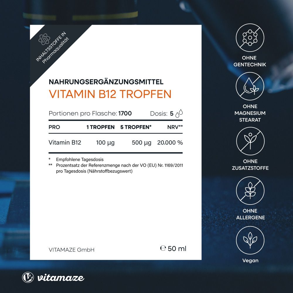 Etichetta con informazioni sulle gocce di vitamina B12. Testo: 100 µg per goccia, 500 µg per 5 gocce. Logo Vitamaze.