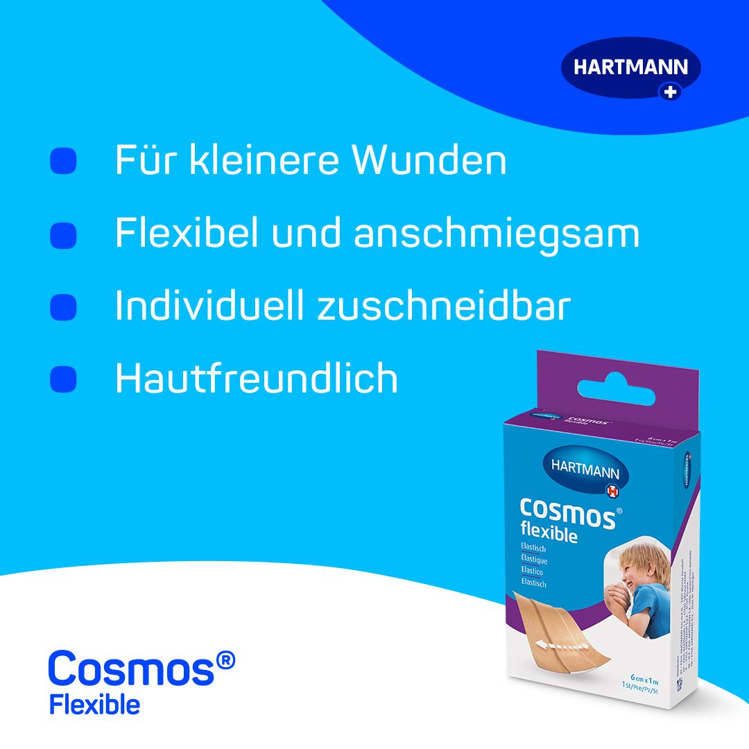 Sfondo blu con confezione HARTMANN cosmos® flexible. Testo: Per piccole ferite, flessibile, delicato sulla pelle.