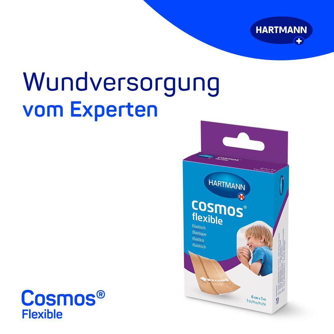 Confezione di HARTMANN cosmos® flexible. Testo: Cura delle ferite da un esperto. 6cm x 1m.
