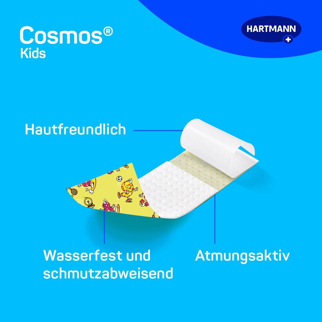 Cerotto aperto con motivo giallo e colorato. Mostra proprietà delicate, traspiranti e resistenti all'acqua. Nome del prodotto non visibile.