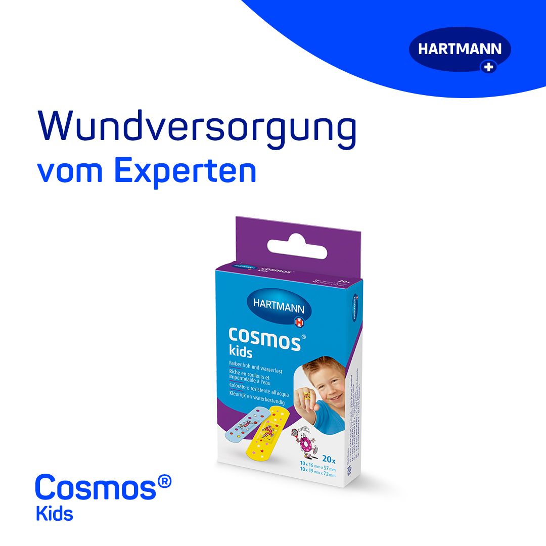 Confezione del prodotto con cerotti HARTMANN cosmos® kids. Scatola blu con nome del prodotto e bambino. 20 pezzi.