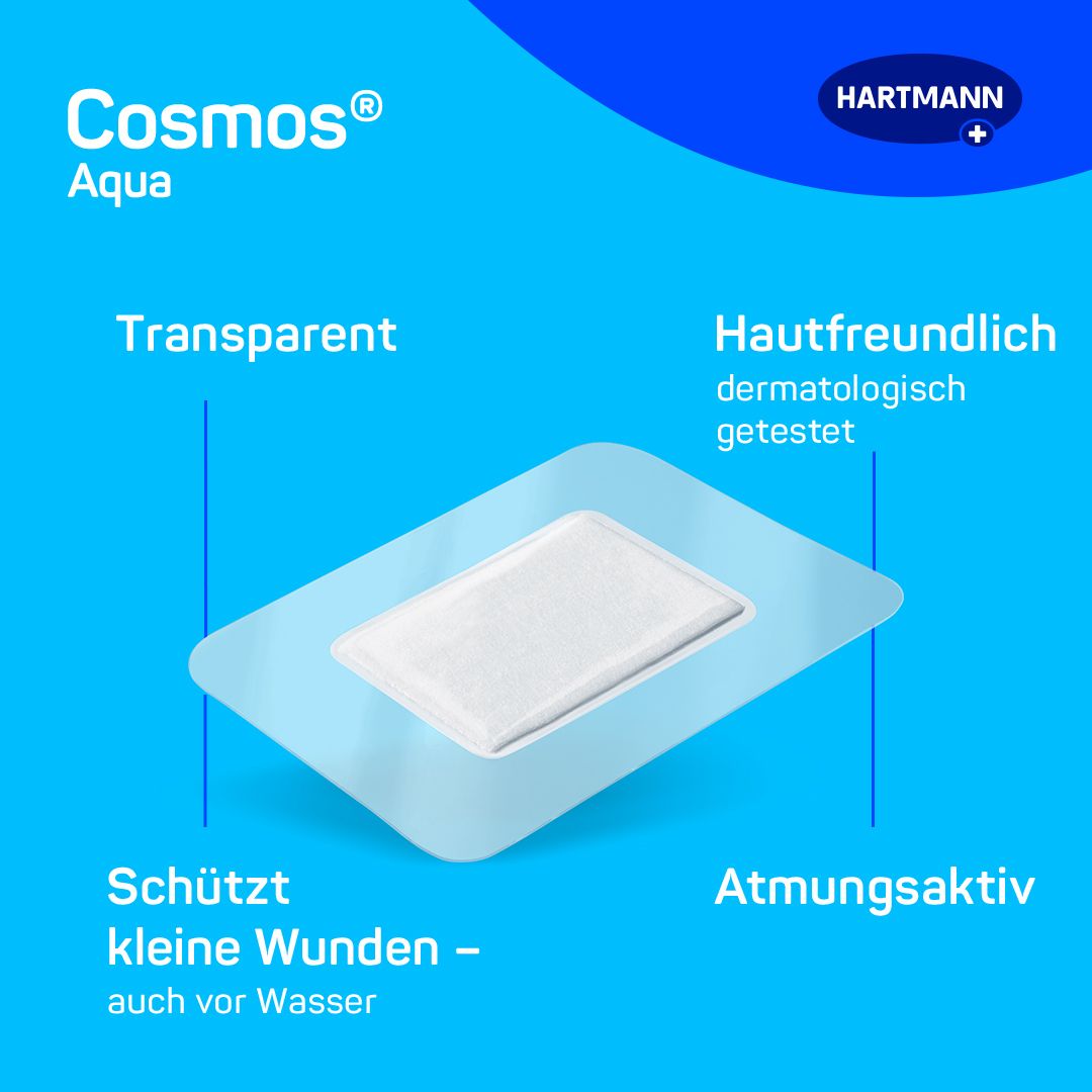 Cerotto HARTMANN cosmos® aqua. Trasparente, traspirante, protegge piccole ferite. Dermatologicamente testato.