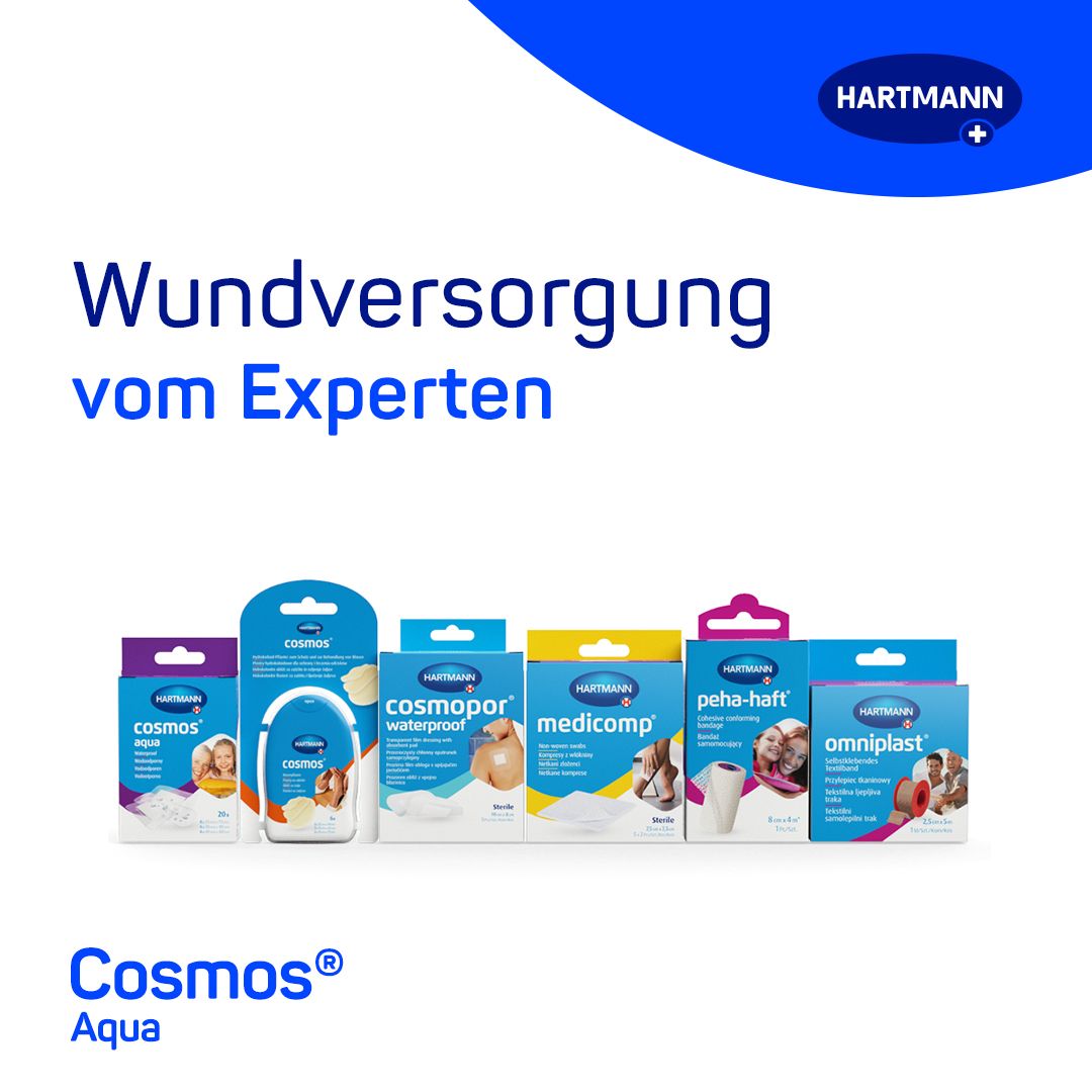 Vari prodotti HARTMANN. cosmos® aqua è illustrato. Cura delle ferite da esperti.