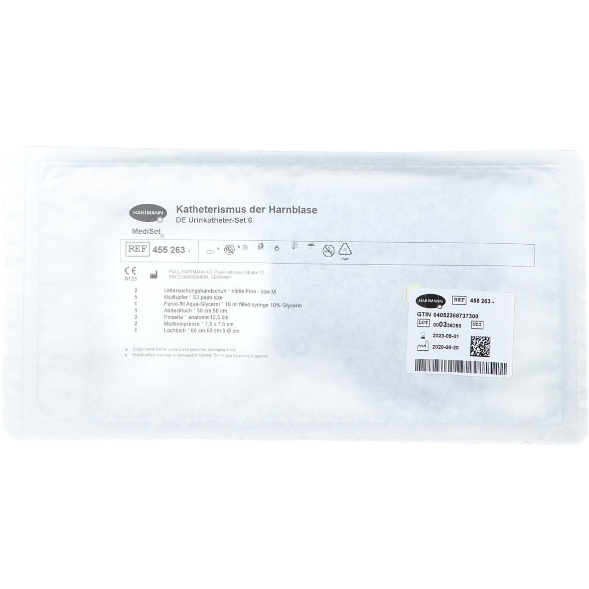 Confezione del set per cateterismo urinario Hartmann MediSet®. Etichettatura con informazioni sul prodotto e numero di lotto.
