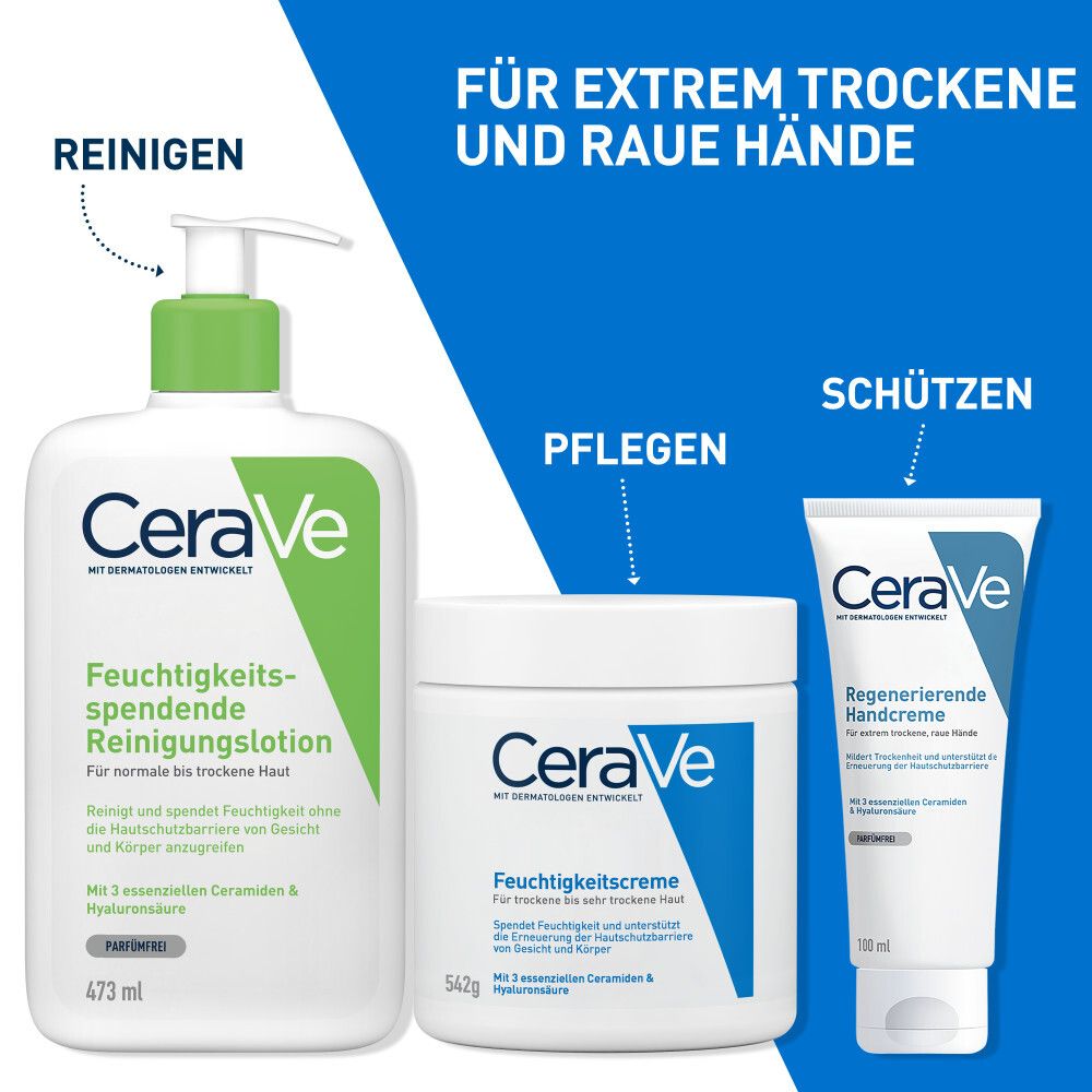 Tubo di CeraVe Crema Mani Riparatrice davanti a uno sfondo di tonalità della pelle.