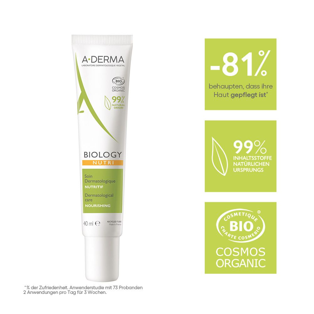 Tubo A-Derma BIOLOGY NUTRI da 40ml, certificato COSMOS ORGANIC.