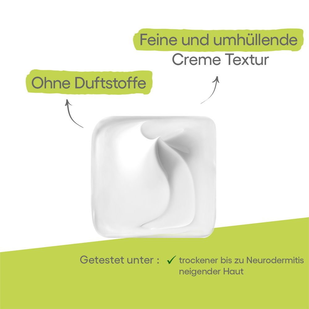 Texture crema senza profumo, testata su pelle secca a tendenza atopica.