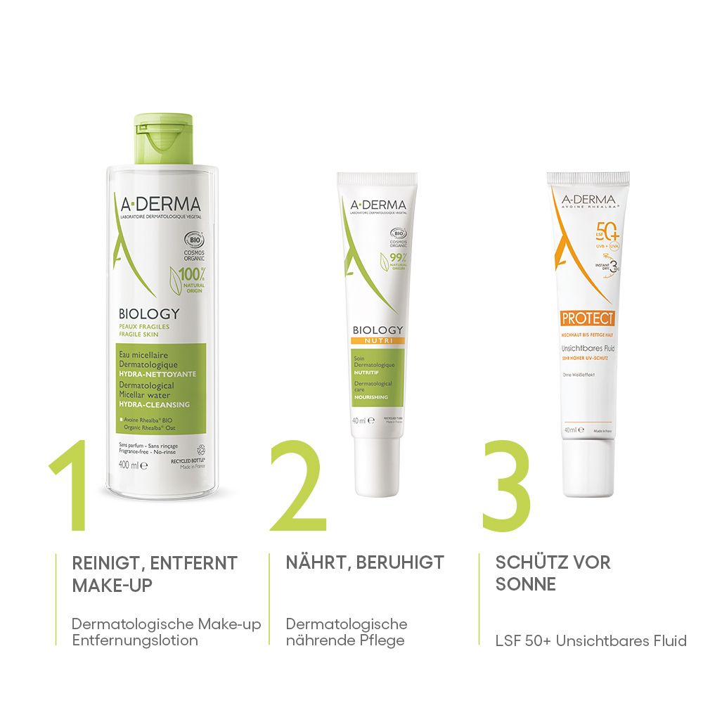 Tre prodotti A-Derma: lozione detergente, cura nutriente e protezione solare.